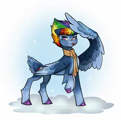 Size: 1440x1440 | Tagged: safe, artist:shinysolaria, derpibooru import, rainbow dash, pegasus, pony, :p, alternate design, alternate hairstyle, bandaid, bandaid on nose, clothes, colored wings, gradient wings, image, jpeg, raised hoof, redesign, scarf, short mane, solo, tail, tail feathers, tongue out, twitterina design, wings