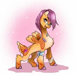 Size: 1440x1440 | Tagged: safe, artist:shinysolaria, derpibooru import, scootaloo, pegasus, pony, alternate design, bandage, bandaid, bandaid on nose, chest fluff, image, jpeg, open mouth, open smile, rainbow dash's cutie mark, redesign, small wings, smiling, solo, tail, tail feathers, twitterina design, wings