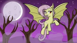 Size: 1920x1080 | Tagged: safe, artist:zodiacx10, derpibooru import, fluttershy, bat pony, bat ponified, female, flutterbat, flying, image, moon, png, race swap, solo, stars, tree