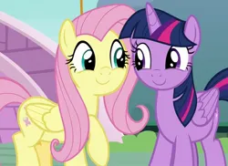 Size: 1273x926 | Tagged: safe, derpibooru import, screencap, fluttershy, twilight sparkle, twilight sparkle (alicorn), alicorn, pegasus, pony, season 8, yakity-sax, spoiler:s08, cropped, cute, duo, duo female, eye contact, female, image, jpeg, looking at each other, looking at someone, mare, raised hoof, shyabetes, smiling, twiabetes