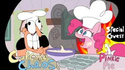 Size: 1920x1080 | Tagged: safe, artist:zodiacx10, derpibooru import, pinkie pie, earth pony, human, pony, chef's hat, fire, flour, hat, image, peppino spaghetti, pizza tower, png, smiling, title card