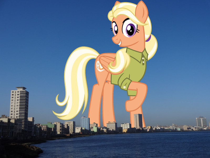 Size: 1920x1440 | Tagged: safe, artist:cheezedoodle96, derpibooru import, edit, editor:jaredking779, mane allgood, pegasus, pony, clothes, cuba, female, folded wings, giant pegasus, giant pony, giantess, grin, havana, image, irl, jpeg, looking at you, macro, mare, mega giant, photo, ponies in real life, raised hoof, shirt, smiling, solo, story included, wings