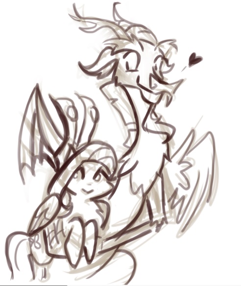 Size: 492x583 | Tagged: safe, artist:eugenia_yesme, derpibooru import, discord, fluttershy, draconequus, pegasus, pony, bunny ears (gesture), duo, female, heart, holding a pony, image, jpeg, male, mare, monochrome, simple background, sketch, white background