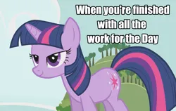 Size: 1307x826 | Tagged: safe, derpibooru import, edit, edited screencap, screencap, twilight sparkle, pony, unicorn, season 1, winter wrap up, caption, female, image, image macro, mare, meme, png, relaxed, relaxed face, relieved, smiling, solo, standing, text, unicorn twilight