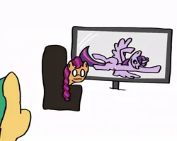 Size: 946x757 | Tagged: safe, artist:vycanismelodis, derpibooru import, hitch trailblazer, sunny starscout, twilight sparkle, twilight sparkle (alicorn), alicorn, earth pony, pony, caught, chair, draw me like one of your french girls, embarrassed, female, g5, image, internet, jpeg, male, spread wings, wings