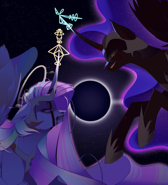 Size: 2118x2328 | Tagged: semi-grimdark, artist:clefficia, derpibooru import, nightmare moon, princess celestia, alicorn, pony, blood, curved horn, duo, eclipse, fight, horn, image, jpeg, time-lapse included