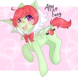 Size: 513x513 | Tagged: safe, artist:derpyvr, derpibooru import, oc, oc:apple fang, unofficial characters only, bat pony, pony, abstract background, bat pony oc, bat wings, blushing, bowtie, image, looking at you, one eye closed, one wing out, open mouth, open smile, png, smiling, smiling at you, solo, sparkles, wings, wink, winking at you