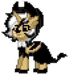 Size: 520x570 | Tagged: safe, artist:asiandra dash, derpibooru import, oc, oc:asiandra dash, unofficial characters only, demon, demon pony, original species, pony, pony town, animated, bendy and the ink machine, bowtie, clothes, dress, eyeroll, fangs, freckles, gif, hat, horn, image, pixel art, simple background, solo, standing, transparent background