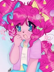 Size: 768x1024 | Tagged: safe, artist:derpyvr, derpibooru import, pinkie pie, anthro, candy, candy in hair, cute, diapinkes, emanata, eye clipping through hair, female, food, furry, image, looking at you, open mouth, open smile, png, smiling, smiling at you, solo, species swap