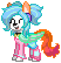 Size: 520x540 | Tagged: safe, artist:asiandra dash, derpibooru import, oc, oc:adrinna, ponified, unofficial characters only, earth pony, pony, pony town, animated, bunny ears, clothes, colored wings, eyes closed, gif, gradient tail, gradient wings, headphones, image, jewelry, laughing, necklace, open mouth, pants, pixel art, ponytail, shirt, simple background, socks, solo, stockings, tail, thigh highs, transparent background, wings