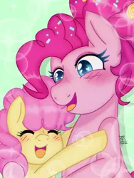 Size: 768x1024 | Tagged: safe, artist:derpyvr, derpibooru import, li'l cheese, pinkie pie, earth pony, pony, the last problem, blushing, eyes closed, female, green background, heart, heart eyes, hug, image, mare, mother and child, mother and daughter, older, older pinkie pie, open mouth, open smile, png, simple background, smiling, wingding eyes
