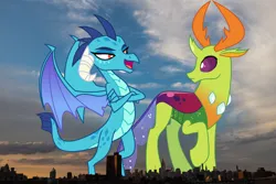 Size: 2047x1365 | Tagged: safe, artist:dashiesparkle, artist:sketchmcreations, derpibooru import, edit, editor:jaredking779, princess ember, thorax, changedling, changeling, dragon, pony, dragon wings, dragoness, duo, female, giantess, image, irl, jpeg, king thorax, looking back, macro, male, manhattan, new york, new york city, open mouth, photo, ponies in real life, story included, wings