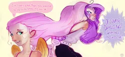 Size: 1280x590 | Tagged: safe, artist:yunni-yunni-blog, derpibooru import, fluttershy, rarity, human, duo, female, glasses, horn, horned humanization, humanized, image, impossibly long hair, jpeg, struggling, winged humanization, wings