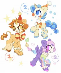 Size: 1724x2048 | Tagged: safe, artist:p0nyplanet, derpibooru import, oc, unofficial characters only, big cat, hybrid, lion, original species, pegasus, pony, unicorn, adoptable, circus, clown, image, jpeg, lion pony