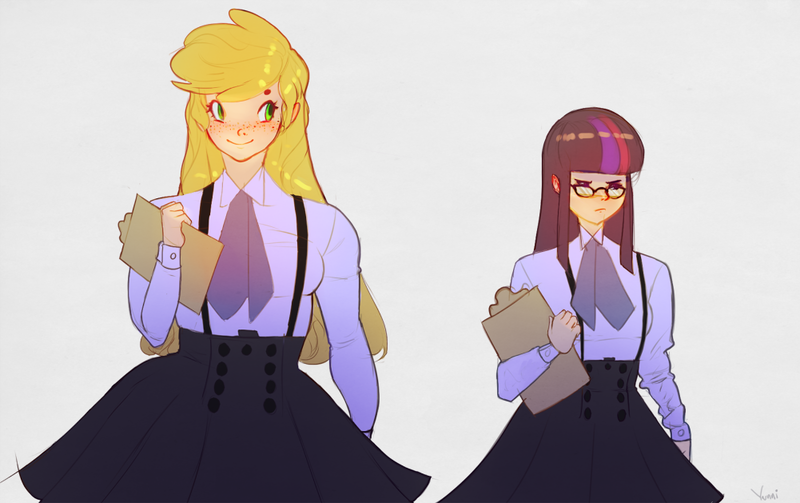 Size: 1001x629 | Tagged: safe, artist:yunni-yunni-blog, derpibooru import, applejack, twilight sparkle, human, clipboard, clothes, duo, glasses, human coloration, humanized, image, light skin, loose hair, png, shirt, simple background, skirt