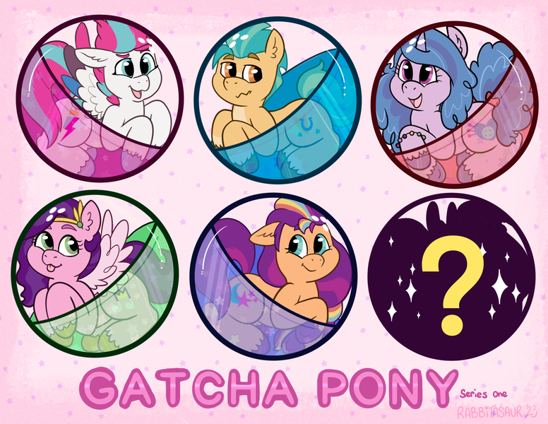 Size: 3300x2550 | Tagged: safe, artist:rabbitasaur, derpibooru import, hitch trailblazer, izzy moonbow, pipp petals, sunny starscout, zipp storm, earth pony, pegasus, pony, unicorn, babscon, g5, gashapon, image, jpeg, letter, mane five (g5), multicolored hair, question mark, rainbow hair, simple background