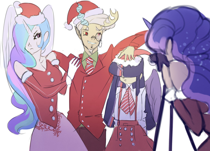 Size: 1280x925 | Tagged: safe, artist:yunni-yunni-blog, derpibooru import, discord, princess celestia, princess luna, twilight sparkle, twilight sparkle (alicorn), alicorn, human, camera, celestia is not amused, christmas, clothes, female, group photo, hair over eyes, hair over one eye, hat, holiday, horn, horned humanization, horns, humanized, image, jpeg, male, monocle, santa hat, suit, suspenders, unamused, winged humanization, wings