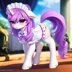 Size: 2048x2048 | Tagged: safe, derpibooru import, machine learning generated, purplesmart.ai, stable diffusion, oc, unofficial characters only, pony, unicorn, clothes, cute, female, horn, image, looking at you, maid, maid headdress, mare, png, solo, unicorn oc