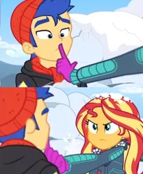 Size: 612x746 | Tagged: safe, derpibooru import, screencap, flash sentry, sunset shimmer, equestria girls, equestria girls series, clothes, cute, duo, duo male and female, female, hand, hand on mouth, image, jpeg, male, shut up, snow, sunset, winter outfit
