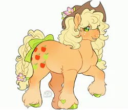 Size: 3524x3024 | Tagged: safe, artist:mysthooves, derpibooru import, applejack, earth pony, pony, bow, female, flower, flower in tail, g1, g4, g4 to g1, generation leap, image, jpeg, mare, simple background, smiling, solo, tail, tail bow, unshorn fetlocks, white background