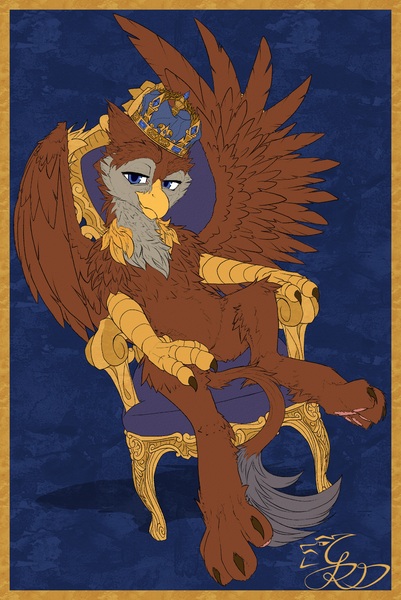 Size: 2083x3117 | Tagged: safe, artist:thatonegib, derpibooru import, oc, unofficial characters only, gryphon, claws, crown, griffon oc, image, jewelry, jpeg, looking at you, paws, regalia, sitting, smiling, smirk, solo, spread wings, throne, wings