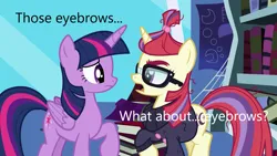 Size: 1280x720 | Tagged: safe, derpibooru import, screencap, moondancer, twilight sparkle, twilight sparkle (alicorn), alicorn, pony, caption, eyebrows, flcl, image, image macro, png, text