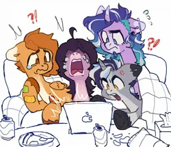 Size: 2048x1762 | Tagged: safe, artist:p0nyplanet, derpibooru import, oc, unofficial characters only, earth pony, pegasus, unicorn, blanket, chips, computer, crying, exclamation point, food, image, jpeg, laptop computer, pizza, soda can, tissue box