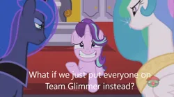 Size: 1280x716 | Tagged: safe, derpibooru import, edit, edited screencap, editor:andwhatiseeisme, screencap, princess celestia, princess luna, starlight glimmer, alicorn, pony, unicorn, derpibooru, a royal problem, season 7, caption, celestia is not amused, derpibooru civil war, dialogue, female, g4, image, image macro, jpeg, luna is not amused, mare, meta, royal sisters, siblings, sisters, text, unamused, white text