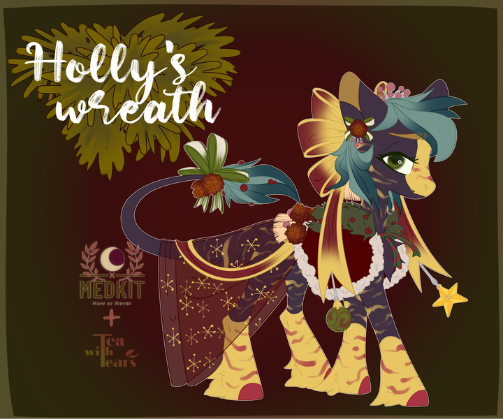 Size: 3000x2500 | Tagged: safe, artist:medkit, artist:teawithtears, derpibooru import, oc, ponified, unofficial characters only, earth pony, original species, pony, accessories, adoptable, berry, big eyes, blaze (coat marking), bow, cape, chest fluff, christmas ornament, christmas tree toys, clothes, coat markings, colored eyebrows, colored eyelashes, colored hooves, colored lineart, colored pupils, drupe, ear piercing, earring, earth pony oc, embroidery, eyebrows, eyebrows visible through hair, eyelashes, eyes open, facial markings, female, fir tree, fluffy, food, fringe, fur, gradient background, gradient mane, green eyes, hair bow, high res, image, jewelry, leonine tail, looking at you, mare, multicolored coat, old art, piercing, pinecone, png, reference sheet, ribbon, short mane, short tail, signature, smiling, smiling at you, snow, snowflake, socks (coat marking), solo, standing, stars, striped, tail, tiara, title, tree, two toned mane, veil, wall of tags