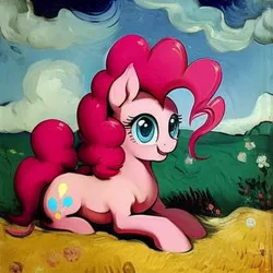 Size: 512x512 | Tagged: safe, derpibooru import, machine learning generated, stable diffusion, pinkie pie, earth pony, pony, cute, female, image, lying down, mare, png, prone, solo, vincent van gogh