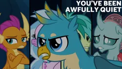 Size: 2000x1125 | Tagged: safe, derpibooru import, edit, edited screencap, editor:quoterific, screencap, gallus, ocellus, sandbar, silverstream, smolder, uprooted, image, png