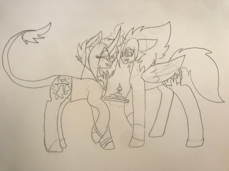 Size: 4032x3024 | Tagged: safe, artist:harmonicdreemur1308, derpibooru import, oc, unofficial characters only, pegasus, pony, unicorn, clothes, duo, glow, glowing horn, horn, image, jpeg, leonine tail, lineart, pegasus oc, tail, traditional art, unicorn oc, wings
