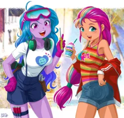 Size: 1200x1148 | Tagged: safe, artist:uotapo, derpibooru import, izzy moonbow, sunny starscout, human, equestria girls, breasts, butt, clothes, cutie mark, cutie mark on clothes, equestria girls-ified, g5, g5 to equestria girls, generation leap, gloves, goggles, headphones, image, jpeg, looking at you, open mouth, safety goggles, screwdriver, smoothie, sunny starbutt