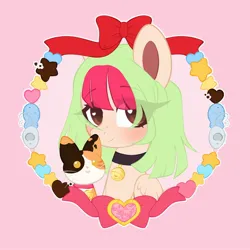 Size: 2000x2000 | Tagged: safe, artist:dreamyveon_, derpibooru import, oc, unofficial characters only, cat, pegasus, pony, bell, blushing, bow, brown eyes, female, hair, image, jpeg, mane, mare, smiling, solo, tail, wings