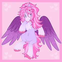 Size: 2048x2048 | Tagged: safe, artist:moonydropps, derpibooru import, oc, unofficial characters only, pegasus, pony, female, flying, glasses, hair, image, jpeg, mane, mare, pink background, pink hair, pink mane, pink tail, simple background, smiling, solo, spread wings, tail, wings