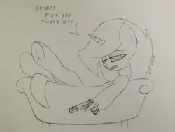 Size: 2976x2250 | Tagged: safe, derpibooru import, oc, oc:4 bore, unicorn, bath, claws, crossed legs, derpibooru exclusive, gun, image, jpeg, lidded eyes, monochrome, open mouth, pencil drawing, solo, speech bubble, swearing, talking, talking to viewer, text, traditional art, underhoof, vulgar, weapon