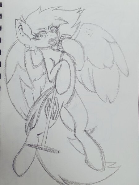 Size: 768x1024 | Tagged: safe, artist:koapony, derpibooru import, oc, oc:koa, unofficial characters only, pegasus, pony, eyebrows, eyebrows visible through hair, image, jpeg, looking at you, microphone, microphone stand, singing, solo, spread wings, traditional art, wings