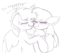 Size: 943x805 | Tagged: safe, artist:koapony, derpibooru import, oc, oc:brittneigh ackermane, oc:koa, unofficial characters only, pegasus, pony, unicorn, blushing, dialogue, eyes closed, grin, hug, image, jpeg, smiling, spread wings, wavy mouth, wings