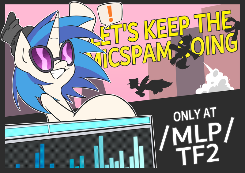 Size: 4299x3035 | Tagged: safe, derpibooru import, vinyl scratch, /mlp/ tf2 general, dialogue box, dj booth, exclamation point, ghostly gibus, gibus, hat, image, micspam, png, rocket jump, rocket launcher, scout, silhouette, soldier, team fortress 2, text, vinyl's glasses, weapon
