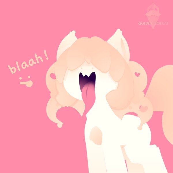 Size: 2048x2048 | Tagged: safe, artist:goldentechcat, derpibooru import, oc, oc:pselbearumea, unofficial characters only, demon, demon pony, original species, pony, hair over eyes, image, jpeg, open mouth, simple background, solo, text, tongue out