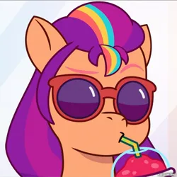 Size: 1080x1080 | Tagged: safe, derpibooru import, official, screencap, sunny starscout, earth pony, pony, my little pony: tell your tale, spoiler:g5, spoiler:my little pony: tell your tale, spoiler:tyts01e12, cropped, drink, drinking, drinking straw, eyebrows, female, g5, image, jpeg, mare, raised eyebrow, smoothie, solo, sunglasses, the game is ahoof