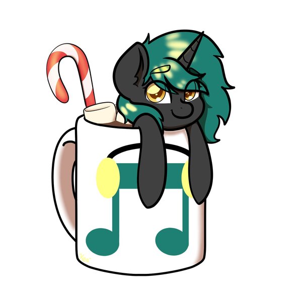 Size: 1500x1500 | Tagged: safe, artist:koapony, derpibooru import, oc, unofficial characters only, pony, unicorn, candy, candy cane, chocolate, cup, cup of pony, eye clipping through hair, eyebrows, eyebrows visible through hair, food, hot chocolate, image, jpeg, looking at you, marshmallow, micro, smiling, solo