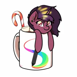 Size: 1500x1500 | Tagged: safe, artist:koapony, derpibooru import, oc, unofficial characters only, pony, unicorn, candy, candy cane, chocolate, cup, cup of pony, ear piercing, earring, eye clipping through hair, eyebrows, eyebrows visible through hair, food, hot chocolate, image, jewelry, jpeg, looking at you, marshmallow, micro, piercing, smiling, solo