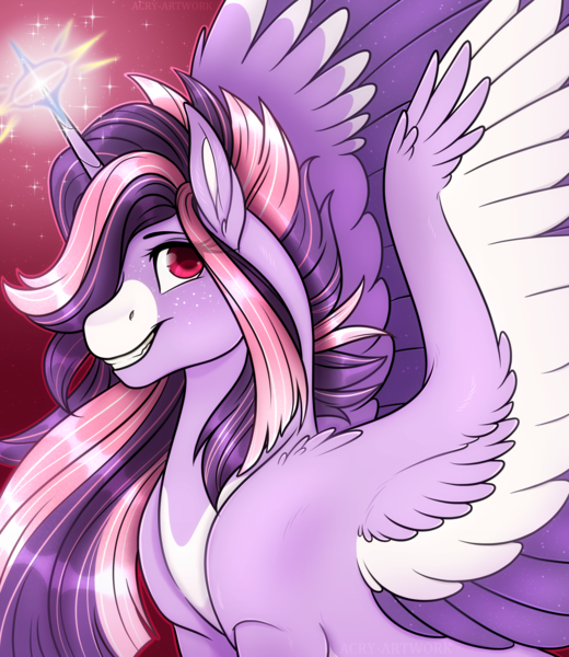 Size: 2600x3000 | Tagged: safe, artist:acry-artwork, derpibooru import, oc, oc:yume shine, unofficial characters only, alicorn, alicorn oc, bust, commission, horn, image, png, portrait, smiling, wings