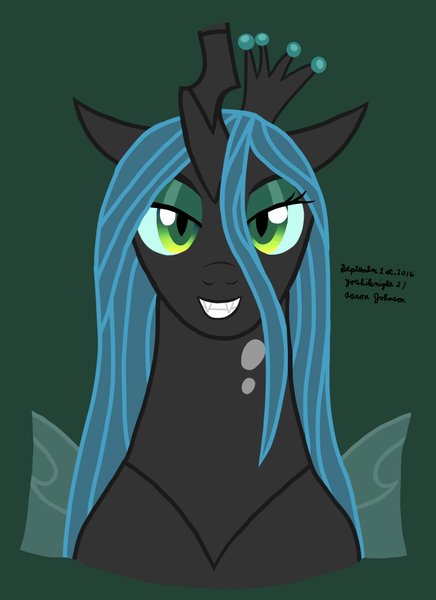 Size: 1275x1755 | Tagged: safe, artist:yoshiknight2, derpibooru import, queen chrysalis, changeling, changeling queen, pony, bust, crown, evil grin, female, green background, grin, image, jewelry, looking at you, mare, png, regalia, simple background, smiling, solo