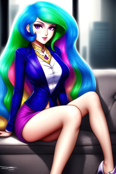 Size: 2048x3072 | Tagged: safe, derpibooru import, machine learning generated, purplesmart.ai, stable diffusion, princess celestia, human, clothes, couch, female, humanized, image, jewelry, legs, looking at you, necklace, png, solo