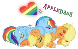 Size: 1000x639 | Tagged: safe, artist:gallantserver, derpibooru import, applejack, rainbow dash, pony, appledash, cuddling, female, image, lesbian, lying down, png, prone, shipping, simple background, transparent background