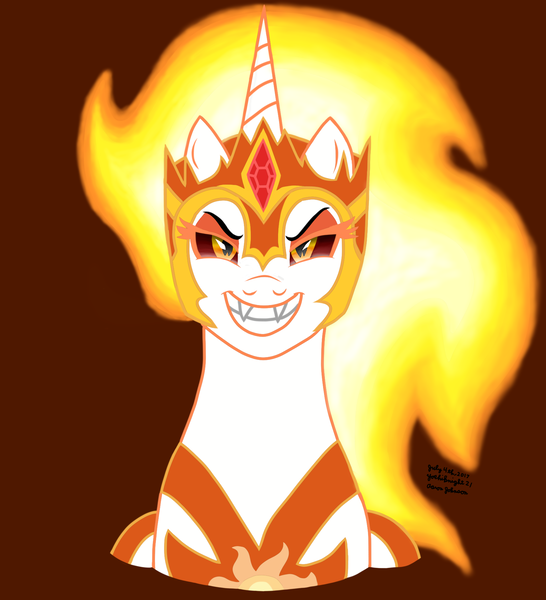 Size: 1751x1924 | Tagged: safe, artist:yoshiknight2, derpibooru import, daybreaker, alicorn, pony, bust, evil grin, female, grin, image, looking at you, mare, png, red background, simple background, smiling, solo