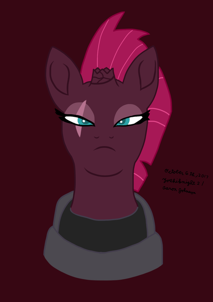 Size: 1240x1753 | Tagged: safe, artist:yoshiknight2, derpibooru import, tempest shadow, pony, unicorn, broken horn, bust, female, frown, horn, image, looking at you, mare, png, red background, simple background, solo