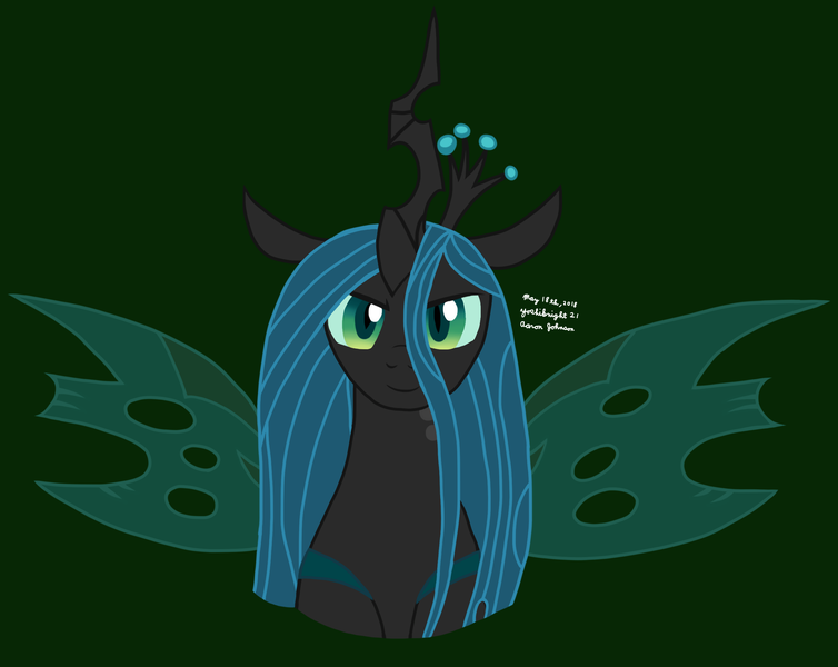 Size: 2600x2068 | Tagged: safe, artist:yoshiknight2, derpibooru import, queen chrysalis, changeling, changeling queen, bust, crown, female, green background, image, jewelry, looking at you, png, regalia, simple background, solo